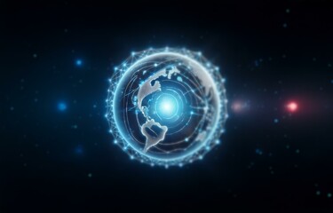 Fototapeta premium A glowing blue digital globe with a network of lines and dots in a dark blue space with glowing points of light.