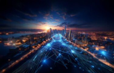 Fototapeta premium A cityscape at dusk with a glowing network of lines stretching over the city.