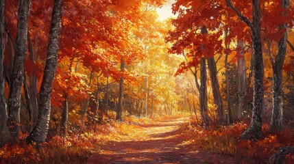 vibrant autumn forest path lined with maples, their leaves a kaleidoscope of reds and golds. dappled sunlight filters through the canopy, creating a magical, ethereal atmosphere.