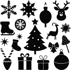 Black Silhouette Icon Set of Christmas Elements Festive Stock Illustrations