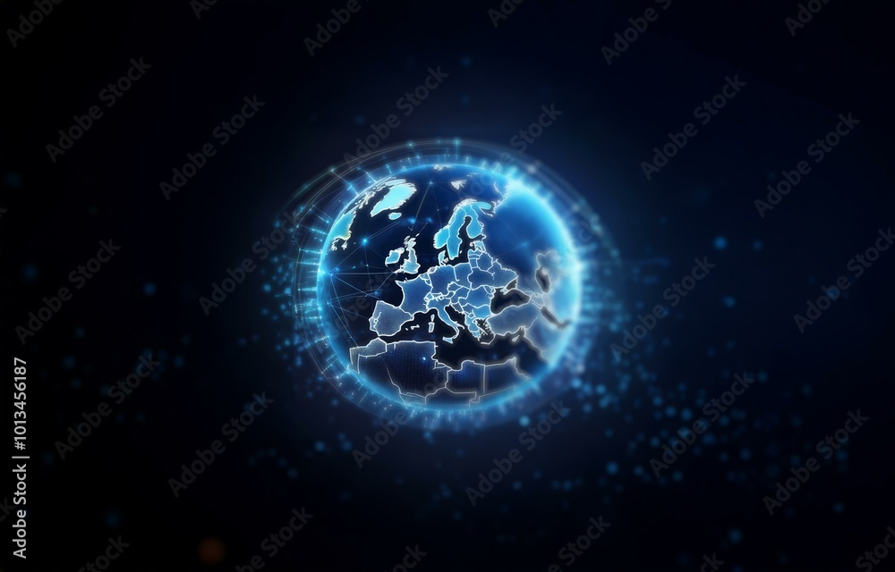 Aufkleber a glowing, blue sphere depicting a map of europe with a web of lines connecting the various countrie
