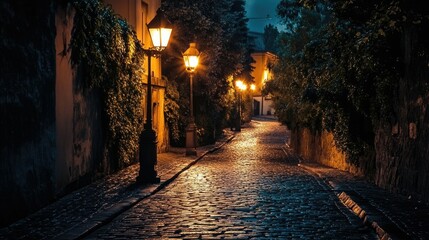 A cobblestone street illuminated by vintage-style streetlights at night, with their warm glow creating a romantic, serene scene.