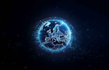 A glowing, blue sphere depicting a map of Europe with a web of lines connecting the various countries.