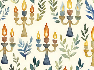Eco-Friendly Flat Watercolor Hanukkah Menorah Tiles with Natural Fiber Accents � Seamless Zero Waste Pattern in Earthy Tones