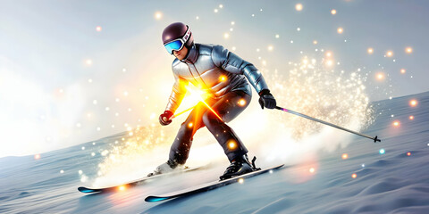 Flat Glowing Skier in Abstract Snowstorm Descending Vibrant Digital Mountain - Futuristic Winter Sports Illustration for Product Promotions