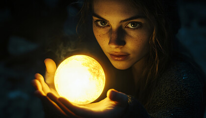 Naklejka premium Photograph people holding small light sources, like lanterns or glowing orbs, in a dark environment to emphasize the soft light on their faces
