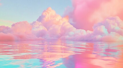 fluffy pink clouds, glittering, reflecting in holographic water, surreal