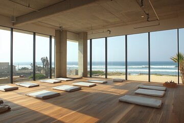A spacious yoga studio with floor-to-ceiling windows offering breathtaking ocean views.