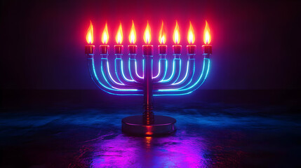 Fototapeta premium 3D Glossy Menorah with Digital Neon Lights Glowing Against Dark Background - Perfect for Modern Hanukkah Banners with Copy Space