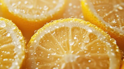 vibrant close-up of fresh lemons with glistening water droplets. overhead view showcases the fruit's texture and zesty appeal against a crisp, light background.
