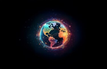 Fototapeta premium A glowing globe surrounded by interconnected lines of light against a dark background.