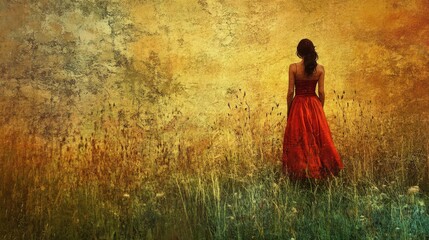 Obraz premium Woman in Red Dress Standing in a Field with a Golden Sky