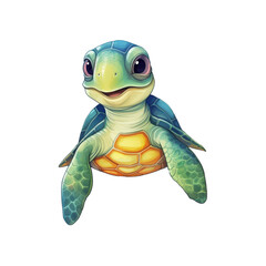 Fototapeta premium A smiling green turtle with large eyes is perfect for children's books, educational materials, and nature themed designs. Cute and engaging. Generative AI