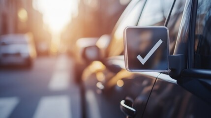 Check Mark on a Car Door in a City Setting