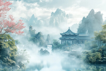 Ancient Eastern Mythology Mountain Temple Background