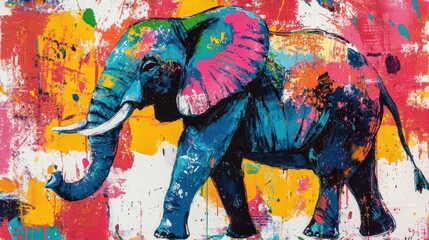 Obraz premium vibrant elephant painting, abstract splatter background, expressive brushstrokes, bold color palette, whimsical artistic style