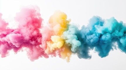 Fototapeta premium vibrant explosion of colorful smoke bombs, creating billowing clouds of pink, blue, yellow, and green hues. swirling tendrils mix and blend against a crisp white backdrop.