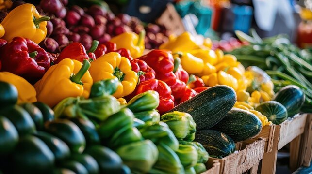 vibrant farmers market display close-up of fresh, colorful vegetables artfully arranged, morning light enhancing natural textures, celebration of local, organic produce