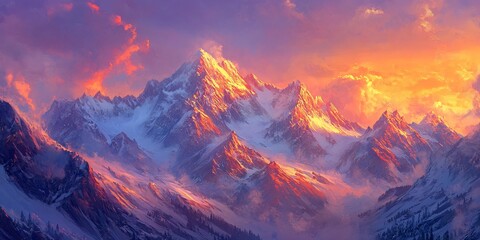 Majestic snow-capped mountain range bathed in a vibrant orange and pink sunset glow.
