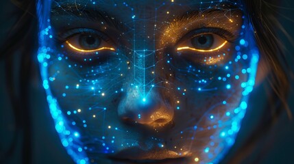 Close-up of a woman's face with glowing blue and gold lines and dots, a futuristic, sci-fi concept.