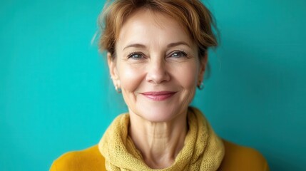 Obraz premium vibrant portrait of middle-aged woman, genuine smile, turquoise background, confidence and vitality, age-positive representation