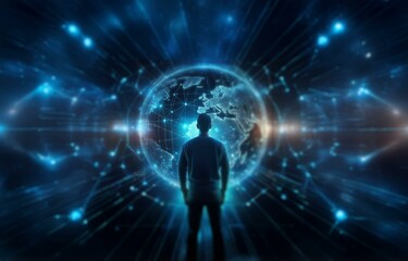 Obraz premium A lone figure stands before a glowing digital globe, representing the interconnectedness of the world.