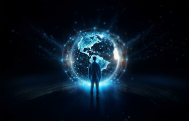 Obraz premium A silhouette of a person standing before a glowing blue sphere, representing the world, with lines connecting continents.