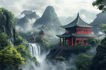 Ancient Eastern Mythology Mountain Temple Background