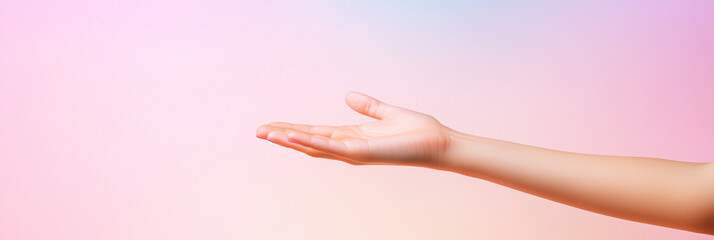 Naklejka premium A minimalist scene featuring an open hand reaching outward, palm up, against a soft pastel gradient background, symbolizing the gentle act of offering or receiving kindness for World Kindness Day.