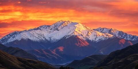 Obraz premium Majestic snow-capped mountains bathed in the golden hues of a breathtaking sunset.