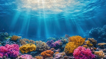 vibrant underwater seascape teeming with colorful coral and exotic fish. shafts of sunlight pierce through crystal-clear turquoise waters, illuminating the bustling marine ecosystem.