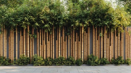 Fototapeta premium A vertical arrangement of bamboo trees forming a fence, providing a stylish and eco-friendly design for outdoor spaces.