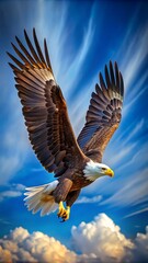 Obraz premium Soaring Bald Eagle Against a Dramatic Sky. Background, wallpaper, desktop, mobile 