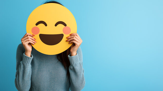 A person holding a large happy face emoji mask in front of their face against a blue background, symbolizing happiness and fun
