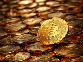 Bitcoin coin standing out among many gold coins, isolated on a white background.