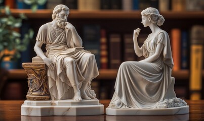 Fototapeta premium Two marble statues of a man and woman.
