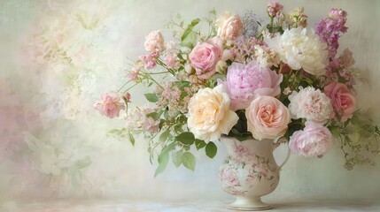 Obraz premium vintage floral elegance exquisite bouquet of pastel roses, peonies, and wildflowers arranged in antique vase. soft focus background with delicate patterns evoking timeless romance and nostalgia.