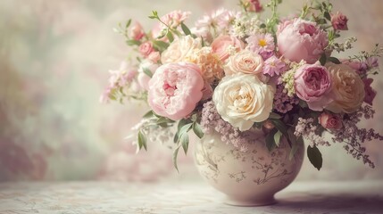vintage floral elegance exquisite bouquet of pastel roses, peonies, and wildflowers arranged in antique vase. soft focus background with delicate patterns evoking timeless romance and nostalgia.