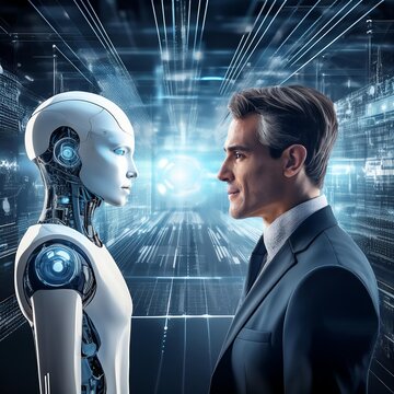 Robotor schaut Business Mann im Anzug an