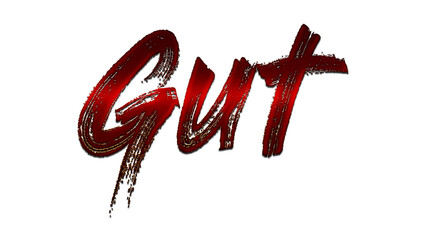 3D blood red word design of Gut on white background.	