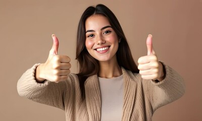 of stunning nice woman wear stylish clothes thumb up feedback isolated on khaki color background Video