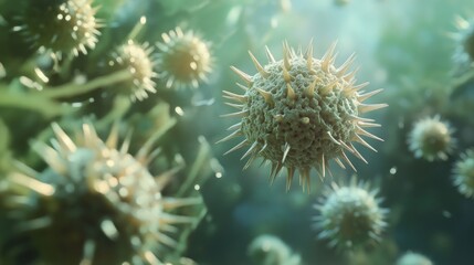 Close-up view of spiky microorganisms in a vibrant aquatic environment.