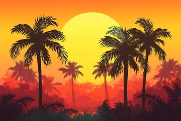 tropical beach on sunset with palm trees and birds