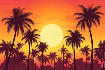 tropical beach on sunset with palm trees and birds