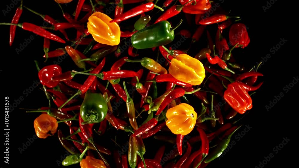Poster super slow motion of flying and rotating colored chilli peppers on black background. filmed on high 