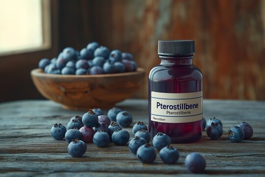 A still-life featuring a bottle labeled Pterostilbene surrounded by fresh blueberries on a rustic wooden table in natural light