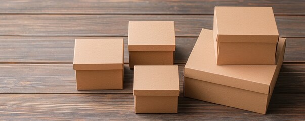 Assorted brown gift boxes stacked on wooden background.