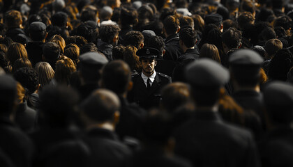 Obraz premium Photograph an individual dressed distinctly among a large crowd wearing uniform or similar attire, creating a contrast between them and the crowd