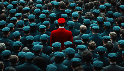 Obraz premium Photograph an individual dressed distinctly among a large crowd wearing uniform or similar attire, creating a contrast between them and the crowd