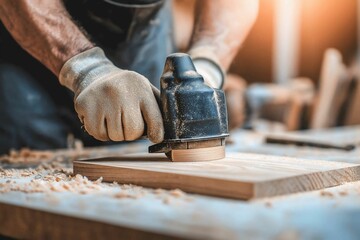 Carpenter sanding wooden surface with electric sander in woodworking shop